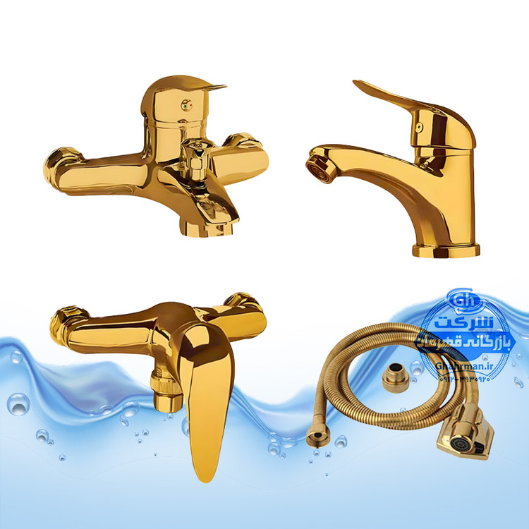 ست ۴ عددی شیرآلات مدل قهرمان شامل شیر روشویی، توالت، حمام و شلنگ توالت | طلایی براق | شیرآلات برند آیدا صنعت