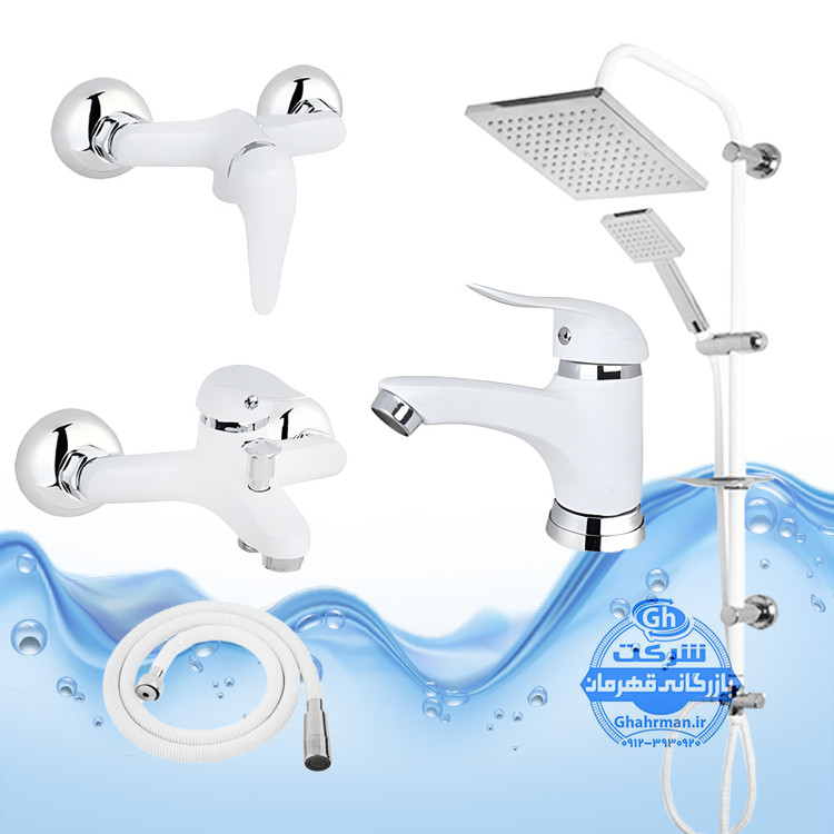 ست ۵ عددی شیرآلات برند آیدا صنعت مدل قهرمان | شیر روشویی + شیر توالت + شیر حمام + علم یونیورست رسوبگیر اتومات + شلنگ توالت | سفید کروم براق