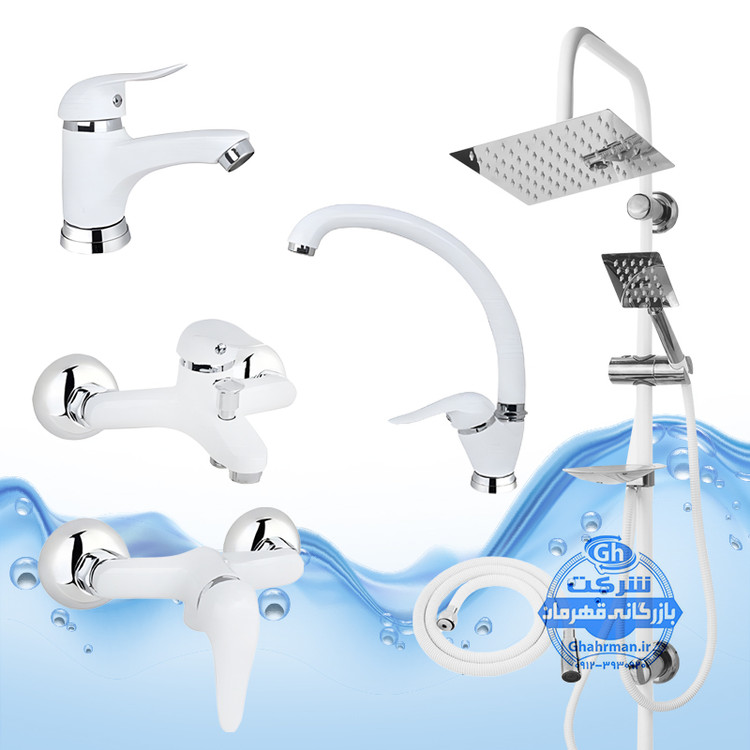 ست ۶ عددی شیرآلات مدل قهرمان | شیر ظرفشویی + روشویی + حمام + توالت + شلنگ توالت + علم دوش صفحه استیل | سفید کروم براق