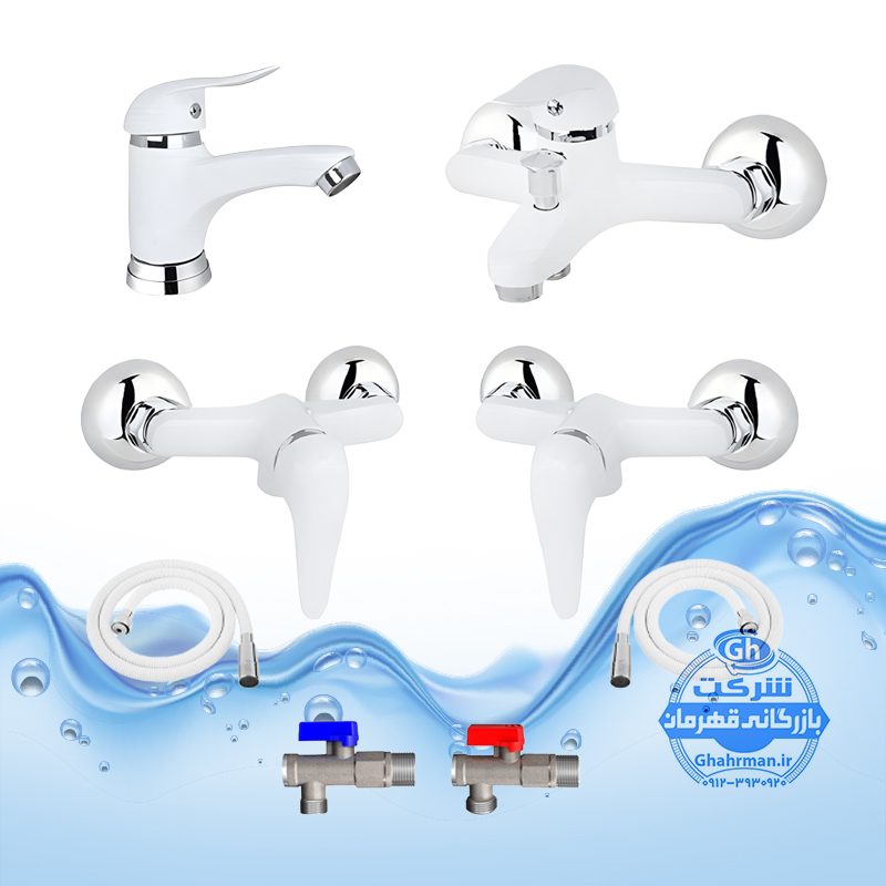 ست ۸ عددی شیرآلات برند آیدا صنعت مدل قهرمان اردکی | شیر روشویی + حمام + دو عدد توالت + دو عدد شلنگ توالت + دو عدد پیسوار | سفید کروم براق