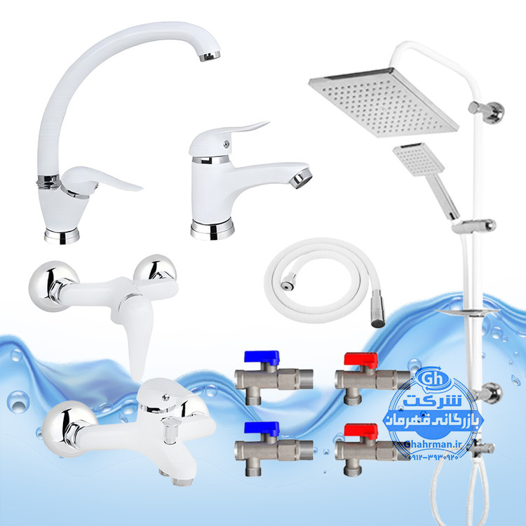 ست ۱۰ عددی شیرآلات برند آیدا صنعت مدل قهرمان اردکی | شیر ظرفشویی + شیر روشویی + شیر حمام + شیر توالت + علم دوش یونیورست رسوبگیر + شلنگ توالت + چهار عدد شیر پیسوار | سفید کروم براق