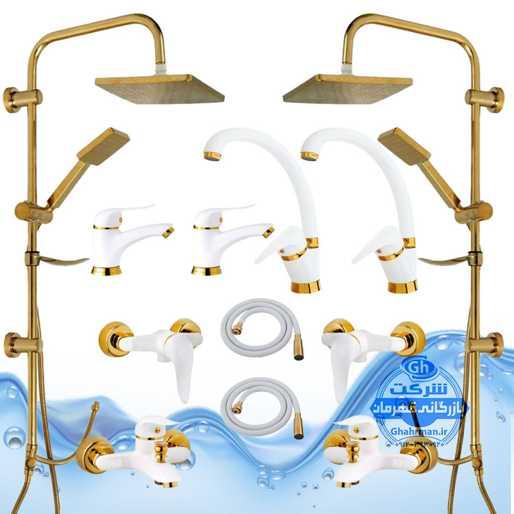 ست ۱۲ عددی شیرآلات برند آیدا صنعت مدل دنیز | دو عدد شیر ظرفشویی + دو عدد شیر روشویی + دو عدد شیر حمام + دو عدد شیر توالت + دو عدد علم دوش یونیورست رسوبگیر + دو عدد شلنگ توالت | سفید طلایی